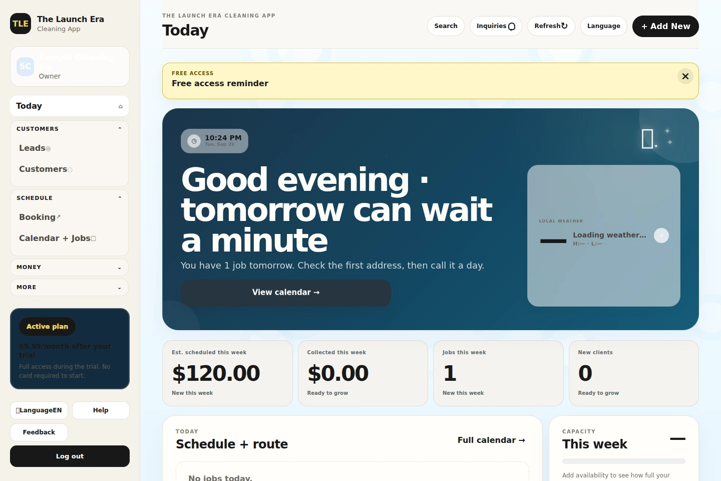 The Launch Era Cleaning Web App Today screen