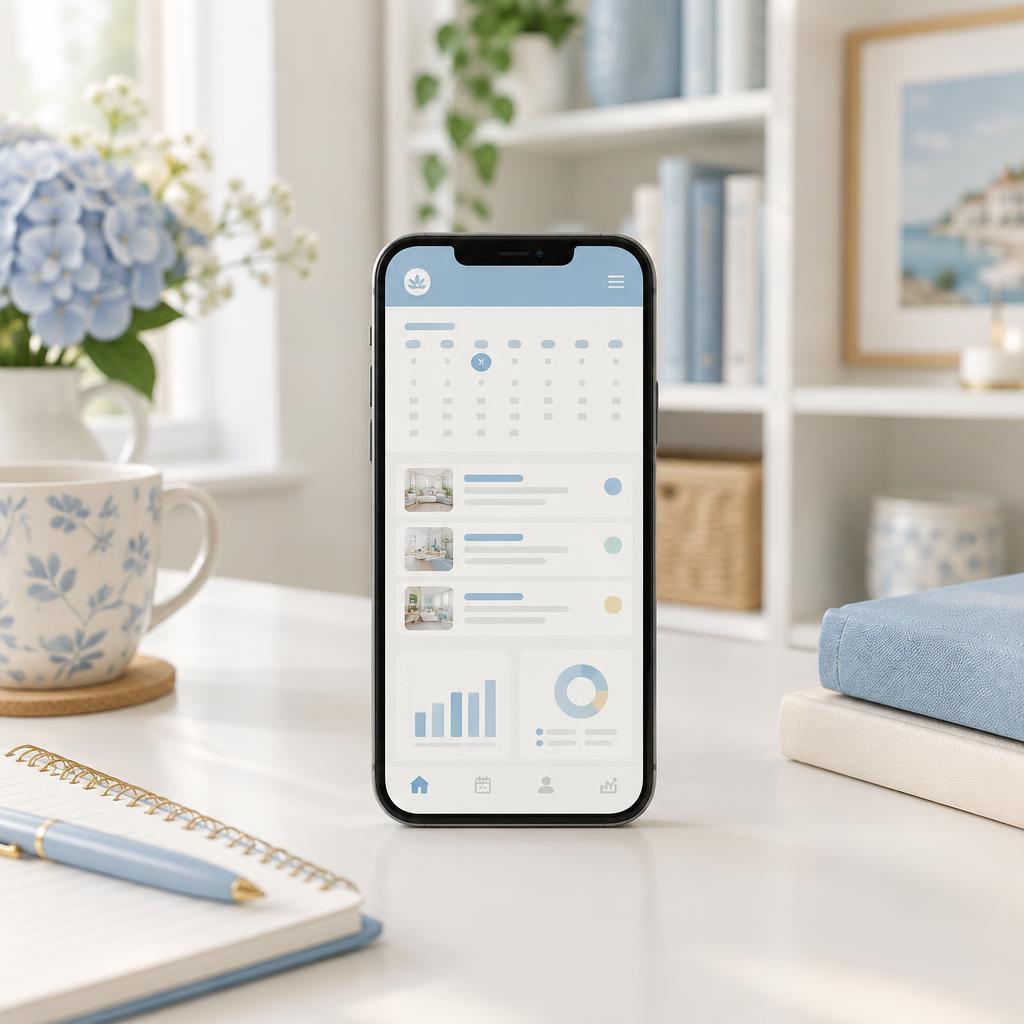 A phone showing a softly blurred cleaning business management app on a bright desk
